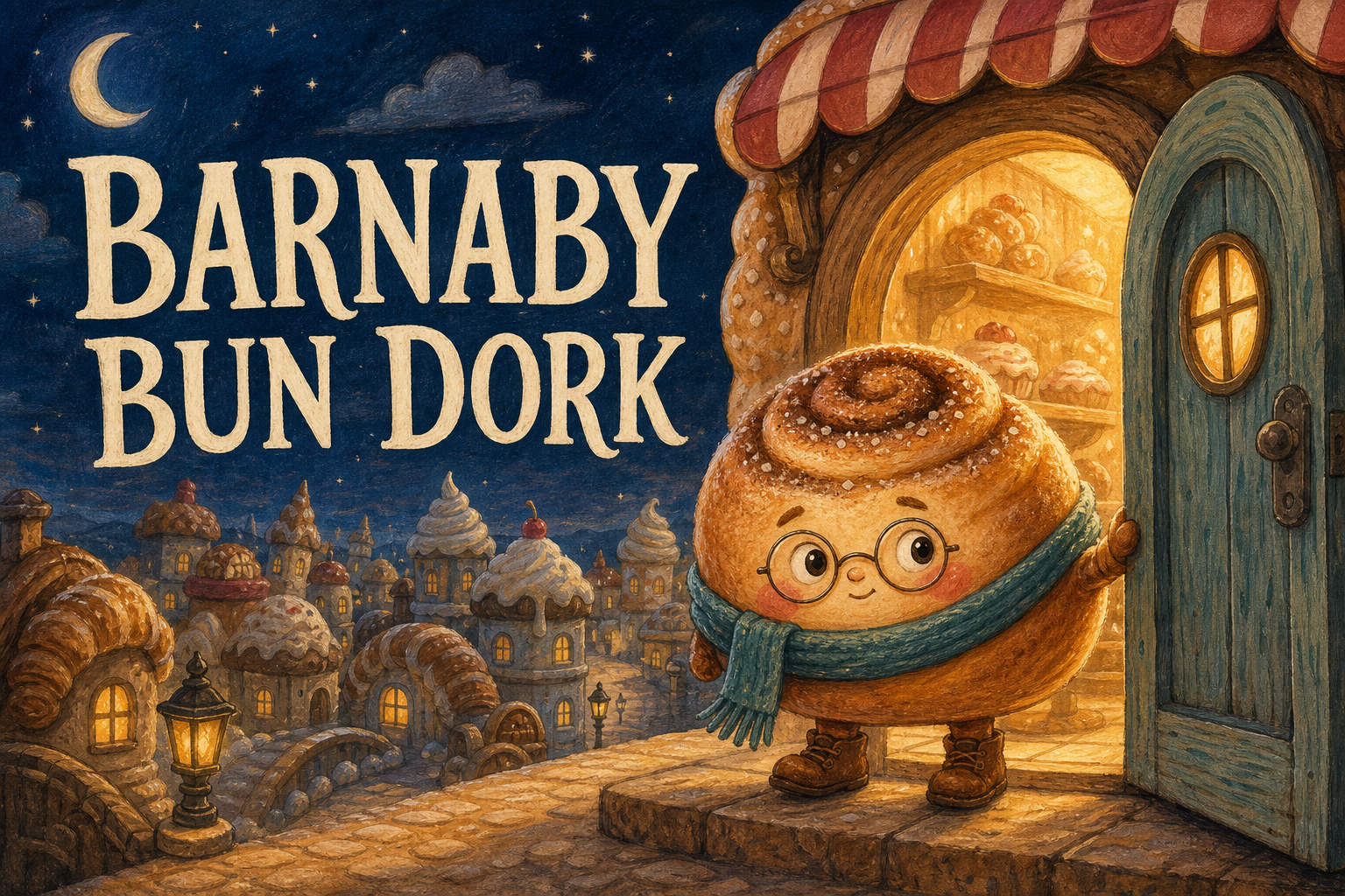 Barnaby, a cinnamon-bun-shaped hero in spectacles and a teal scarf, steps from a glowing bakery into a moonlit pastry village.